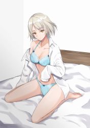1girl bare_legs barefoot bed blue_bra blue_panties bow bow_bra bow_panties bra bra_strap breasts cleavage closed_mouth clothes_pull collarbone commission girls&#039;_frontline hakugin006 highres legs looking_at_viewer medium_breasts medium_hair on_bed open_clothes open_shirt panties pixiv_commission platinum_blonde_hair shirt shirt_pull sitting smile soles solo spread_legs thighs underwear vector_(girls&#039;_frontline) white_background white_shirt yellow_eyes rating:Sensitive score:23 user:danbooru