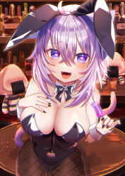  1girl animal_ears bar_(place) black_bow black_bowtie black_leotard black_nails blush bow bowtie breasts brown_pantyhose cat_ears cat_girl cat_tail cleavage collarbone fake_animal_ears fangs fishnet_pantyhose fishnets hairband hand_on_own_chest heart heart-shaped_pupils highres hololive indoors komiojisan large_breasts leotard looking_at_viewer nekomata_okayu open_mouth pantyhose playboy_bunny purple_eyes purple_hair rabbit_ears short_hair sitting smile solo symbol-shaped_pupils table tail tongue virtual_youtuber wrist_cuffs 