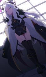  1girl belt black_coat black_gloves black_skirt black_thighhighs blue_archive blue_archive_the_animation boots coat coat_on_shoulders demon_girl demon_horns gloves hair_ornament hairclip half_updo halo highres hina_(blue_archive) horns knee_boots long_hair long_sleeves looking_to_the_side military_uniform open_clothes open_coat parted_bangs pencil_skirt purple_eyes ribbon screencap side_slit skirt stitched thighhighs third-party_edit uniform wavy_hair white_hair 