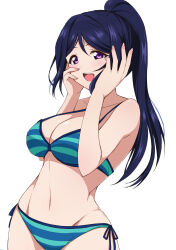  1girl absurdres bare_arms bikini black_hair blush breasts chimunge cleavage commentary_request green_bikini hair_ornament hands_on_own_face highres large_breasts long_hair looking_at_viewer love_live! love_live!_sunshine!! matsuura_kanan navel open_mouth ponytail purple_eyes side-tie_bikini_bottom sidelocks simple_background smile solo standing striped_clothes swimsuit thighhighs white_background 