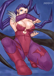 1girl breasts capcom cosplay earrings female_focus full_body gradient_background jewelry large_breasts morrigan_aensland_(cosplay) papepox2 rose_(street_fighter) solo street_fighter vampire_(game) rating:Questionable score:16 user:jojosstand