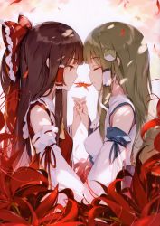 2girls absurdres autumn autumn_leaves bare_shoulders bow brown_hair closed_eyes closed_mouth collared_shirt detached_sleeves frilled_bow frilled_hair_tubes frills frog_hair_ornament green_hair hair_bow hair_ornament hair_tubes hakurei_reimu half_updo highres holding_hands interlocked_fingers japanese_clothes ke-ta kochiya_sanae leaf long_hair looking_at_another maple_leaf miko multiple_girls nontraditional_miko red_bow red_eyes red_shirt ribbon-trimmed_sleeves ribbon_trim scan shirt sidelocks sleeveless sleeveless_shirt smile snake_hair_ornament touhou white_shirt wide_sleeves yellow_neckwear yuri rating:Sensitive score:17 user:danbooru