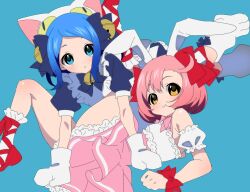2girls animal_ears animal_hat archived_source ayase_naru bad_id bad_twitter_id bell blue_background blue_dress blue_eyes blue_hair bow cat_hat cosplay dejiko dejiko_(cosplay) detached_sleeves di_gi_charat dress frilled_skirt frills hair_bell hair_bow hair_ornament hat highres image_sample jingle_bell looking_at_viewer mittens multiple_girls open_mouth paw_shoes pink_hair pink_skirt pretty_rhythm pretty_rhythm_rainbow_live pretty_series puffy_detached_sleeves puffy_short_sleeves puffy_sleeves rabbit_ears red_footwear rinne_(pretty_rhythm) shirt shoes short_hair short_sleeves simple_background skirt smile twitter_sample usada_hikaru usada_hikaru_(cosplay) white_hat white_mittens white_shirt yellow_eyes zashima