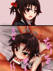 10s 1girl 2boys 2koma bar_censor black_hair blush censored comic cum cum_in_mouth fang fellatio getoff4231 group_sex heart hetero loli long_hair looking_at_viewer looking_to_the_side male_pubic_hair multiple_boys nude one_side_up open_mouth oral penis pubic_hair red_eyes red_ribbon ribbon ryuuou_no_oshigoto! sex spitroast text_focus torso_grab translation_request upper_body yashajin_ai rating:Explicit score:13 user:Domestic_Importer
