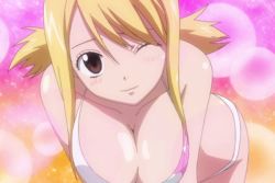 1girl animated animated_gif bikini blonde_hair bouncing_breasts breasts cleavage fairy_tail large_breasts lucy_heartfilia smile swimsuit wink rating:Questionable score:402 user:SuperDude