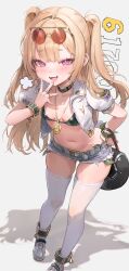  1girl puff_of_air absurdres ankle_cuffs azur_lane bache_(azur_lane) bache_(gorgeous_speed-star)_(azur_lane) bag belt bikini bikini_top_only black_bikini black_choker blonde_hair bracelet breasts choker cropped_jacket cutoffs es eyewear_on_head fangs freng hand_on_own_hip handbag highres jacket jewelry leaning_forward long_hair looking_at_viewer mesugaki micro_shorts money multiple_rings navel necklace official_alternate_costume open_clothes open_jacket open_mouth pink_eyes ring round_eyewear shadow shoes short_shorts short_sleeves shorts sidelocks simple_background skindentation small_breasts smile smug solo standing stomach sunglasses swimsuit thick_eyebrows thighhighs thighs tucked_money two_side_up very_long_hair white_background white_footwear white_jacket white_shorts white_thighhighs  rating:Sensitive score:143 user:danbooru