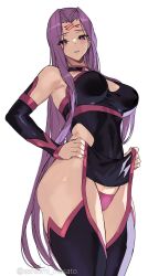  1girl ashiomi_masato bare_shoulders black_dress black_thighhighs breasts cleavage collar detached_sleeves dress facial_mark fate/grand_order fate/stay_night fate_(series) forehead forehead_mark highres large_breasts long_hair looking_at_viewer medusa_(fate) medusa_(rider)_(fate) parted_bangs purple_eyes purple_hair short_dress sidelocks solo thighhighs thighs very_long_hair 