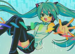  1girl ahoge bare_shoulders black_footwear black_skirt black_sleeves blue_background boots breasts character_name detached_sleeves feet_out_of_frame green_eyes green_hair green_necktie hair_ornament hatsune_miku highres long_hair long_sleeves looking_at_viewer melt_(vocaloid) menma_(enaic31) miniskirt necktie open_mouth pleated_skirt shirt skirt sleeveless sleeveless_shirt small_breasts smile solo song_name thigh_boots thighhighs twintails very_long_hair vocaloid zettai_ryouiki 