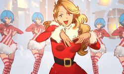 5girls :d animification ayanami_rei belt blonde_hair breasts christmas dancing fur_collar khyle. long_hair looking_at_viewer mariah_carey medium_breasts multiple_girls multiple_persona neon_genesis_evangelion open_mouth real_life santa_costume short_hair smile snowing striped_clothes striped_thighhighs thighhighs 