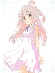  1girl absurdres ahoge arms_behind_back bare_arms black_ribbon blush breasts brown_eyes cafe_(owleelcafe) closed_mouth collared_dress colored_inner_hair commentary dress english_commentary frilled_dress frills grey_hair hair_between_eyes highres interlocked_fingers long_hair looking_at_viewer multicolored_hair neck_ribbon official_alternate_costume onii-chan_wa_oshimai! oyama_mahiro pink_hair polka_dot polka_dot_background ribbon sleeveless sleeveless_dress small_breasts smile solo standing two-tone_hair two_side_up white_background white_dress 