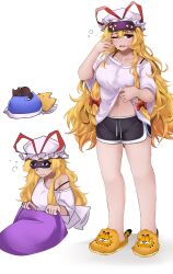 1girl alternate_costume black_shorts blonde_hair bow casual chen chen_(cat) collarbone commentary english_commentary garfield garfield_(character) hair_bow hat hat_ribbon highres long_hair multiple_views navel red_bow red_ribbon ribbon shirt shorts simple_background sleep_mask squeans statisticstater touhou white_background white_headwear white_shirt yakumo_ran yakumo_ran_(fox) yakumo_yukari