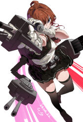  1girl absurdres adapted_turret ahoge anti-aircraft anti-aircraft_gun arashi_(kancolle) ascot black_vest blush cannon dated depth_charge full_body gegeron gloves grey_thighhighs highres holding holding_turret kantai_collection long_hair looking_at_viewer machinery messy_hair neck_ribbon neckerchief pleated_skirt red_ascot red_hair ribbon rigging school_uniform shirt short_hair short_sleeves signature skirt smile smokestack solo thighhighs torpedo_launcher torpedo_tubes turret vest white_gloves white_shirt 
