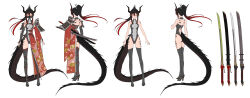  1girl armor back bare_shoulders black_hair boots breasts character_request floral_print full_body gradient_hair horns mask medium_breasts model_sheet multicolored_hair multiple_views mytea_(soso) ponytail red_hair scales sword tail turnaround unmasked weapon white_background 