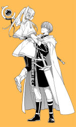  1boy 1girl cape capelet closed_mouth earrings elf eye_contact frieren greyscale_with_colored_background hair_between_eyes himmel_(sousou_no_frieren) holding holding_staff jewelry lifting_person lm_0063 long_hair looking_at_another mole mole_under_eye orange_background parted_bangs pointy_ears short_eyebrows short_hair sidelocks simple_background smile sousou_no_frieren staff standing twintails 