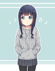 1girl black_hair black_pantyhose black_skirt blush closed_mouth commentary_request cowboy_shot dot_nose flat_chest grey_sweater headphones highres long_hair looking_to_the_side musical_note musical_note_print noven original pantyhose skirt solo sweater 