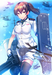 1girl aircraft airplane autocannon black_thighhighs breasts brown_eyes brown_hair cannon close-in_weapon_system commentary_request electronic_firearm f-35 f-35_lightning_ii flight_deck gatling_gun helicopter highres japan_maritime_self-defense_force japan_self-defense_force kaga_(jmsdf) kaga_(kancolle) kantai_collection large_breasts m61_vulcan military mitsubishi_f-2 multiple-barrel_firearm phalanx_ciws rotary_cannon rotary_machine_gun sentry_gun sh-60_seahawk side_ponytail silly_(marinkomoe) thighhighs tiltrotor torpedo v-22_osprey