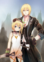 10s 1boy 1girl black_neckwear blonde_hair blue_eyes brother_and_sister choker closed_umbrella edna_(tales) eizen_(tales) gloves hairband hand_on_another&#039;s_head highres piripun ribbon short_hair siblings side_ponytail smile tales_of_(series) tales_of_berseria tales_of_zestiria umbrella rating:Sensitive score:8 user:danbooru