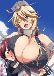 1boy 1girl admiral_(kancolle) age_difference black_eyes black_gloves blonde_hair blue_eyes blunt_bangs breast_smother breasts brown_hair commentary_request day elbow_gloves face_to_breasts fingerless_gloves front-tie_top gloves hair_between_eyes headgear highres huge_breasts iowa_(kancolle) kantai_collection kloah large_breasts little_boy_admiral_(kancolle) one_eye_closed onee-shota open_mouth outdoors shota smile star-shaped_pupils star_(symbol) symbol-shaped_pupils teeth twitter_username upper_body upper_teeth_only rating:Questionable score:93 user:danbooru
