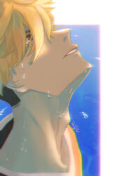  1boy absurdres black_hat blonde_hair blue_background brown_eyes commentary cropped_torso crying dated eyes_visible_through_hair from_side haikyuu!! hair_over_eyes hat head_tilt highres making-of_available male_focus miya_atsumu multicolored_hair nostrils parted_lips pointy_nose sanshui_guantang short_hair signature solo symbol-only_commentary teardrop teeth thick_eyebrows two-tone_background two-tone_hair white_background 