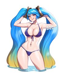  1girl :q alternate_costume arms_up artist_name bikini blue_bikini blue_hair blush blushyspicy breasts cleavage collarbone green_hair hair_lift holding holding_hair large_breasts league_of_legends lips long_hair multicolored_hair navel navel_piercing orange_hair piercing pool_party_(league_of_legends) shiny_skin smile sona_(league_of_legends) swimsuit tongue tongue_out twintails very_long_hair wading water wavy_hair  rating:Sensitive score:44 user:danbooru