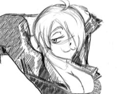  1girl angel_(kof) arms_behind_head breasts cleavage hair_over_one_eye half-closed_eyes highres jacket large_breasts looking_to_the_side monochrome no_bra smile smug snk solo the_king_of_fighters traditional_media 