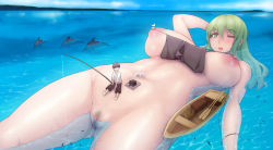  1boy 1girl abubu afloat arm_behind_head bird black_hair blush breasts capri_pants censored clitoris crate day dolphin fish fishing fishing_rod floating giant giantess green_eyes green_hair has_uncensored_version highres large_breasts living_island long_hair navel nipples nude oar ocean one_eye_closed open_mouth original pants partially_submerged pubic_hair pussy rowboat sack seagull short_hair sitting sitting_on_person size_difference sky smile tent water  rating:Explicit score:186 user:spiderfan