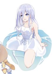  blue_eyes blue_hair breasts date_a_live dress happy hat highres large_breasts sandals stuffed_toy sun_hat takamiya_mio thighs water white_dress 
