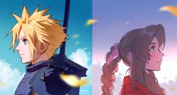  1boy 1girl aerith_gainsborough armor artist_name back-to-back blonde_hair blue_eyes blue_shirt braid braided_ponytail brown_hair buster_sword cloud cloud_strife cloudy_sky earrings facing_to_the_side falling_petals final_fantasy final_fantasy_vii final_fantasy_vii_rebirth final_fantasy_vii_remake green_eyes hair_between_eyes hair_ribbon highres jacket jewelry long_hair looking_up noinoichebura parted_bangs petals pink_ribbon profile red_jacket ribbon shirt short_hair shoulder_armor sidelocks single_braid single_earring single_shoulder_pad sky sleeveless sleeveless_turtleneck smile spiked_hair turtleneck upper_body wavy_hair weapon weapon_on_back yellow_petals 