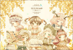 10s 2013 6+girls :t antlers aoyama_homare arm_support arms_up beads blonde_hair blue_hair blunt_bangs blush bonnet braid brown_hair capelet child copyright_request dated dress elbow_gloves eyebrows flower frills gloves green_eyes hair_ribbon hairband hands_on_own_face hat headdress horns looking_at_viewer mob_cap multiple_girls one_eye_closed pink_hair polka_dot polka_dot_dress red_hair ribbon rose short_hair smile striped_clothes striped_dress tears twin_braids twintails vertical_stripes waving wink
