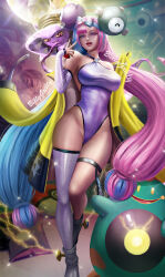  1girl bellibolt billygrilly creatures_(company) game_freak gen_4_pokemon highres iono_(pokemon) mismagius multicolored_hair nintendo one-piece_swimsuit pokemon pokemon_sv swimsuit terastallization thigh_strap  rating:Sensitive score:10 user:Crazy-Ant