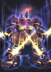 beam_saber commentary_request crossed_swords extra_arms glowing glowing_eye gundam holding holding_sword holding_weapon looking_at_viewer mecha mobile_suit no_humans one-eyed purple_eyes quadruple_wielding robot science_fiction signature solo standing sword the_o_(mobile_suit) totthii0081 weapon zeta_gundam