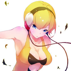 10s 1girl abemichelle armpits bare_shoulders blonde_hair blue_eyes blush breasts cable cleavage creatures_(company) elesa_(pokemon) female_focus game_freak gym_leader headphones large_breasts looking_at_viewer nintendo pokemon pokemon_bw short_hair simple_background solo white_background wire