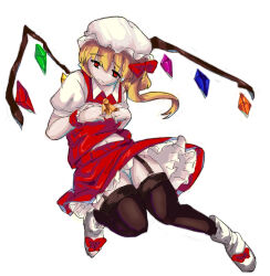  1girl ascot black_thighhighs blonde_hair bow closed_mouth collared_shirt crystal flandre_scarlet frilled_skirt frills full_body garter_straps hair_between_eyes hair_bow hat magukappu medium_hair mob_cap multicolored_wings one_side_up puffy_short_sleeves puffy_sleeves red_bow red_eyes red_skirt red_vest shirt short_sleeves simple_background skirt skirt_set solo thick_thighs thighhighs thighs touhou vest white_background white_footwear white_hat white_shirt wings wrist_cuffs yellow_ascot 