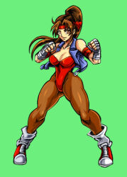 1girl bandaged_hand bandages bare_shoulders boots breakers breasts brown_eyes brown_hair cleavage clenched_hands closed_mouth collarbone commentary_request cropped_jacket fighting_stance full_body green_background hands_up high_ponytail highleg highleg_leotard jacket leotard looking_at_viewer lowres medium_breasts open_clothes open_jacket pantyhose patsuki ponytail red_leotard simple_background skin_tight sleeveless sleeveless_jacket smile solo tia_langray 