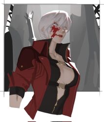  1girl ambiguous_gender blood blood_on_face blue_eyes breasts cleavage coat curvy dante_(devil_may_cry) devil_may_cry devil_may_cry_(series) devil_may_cry_4 genderswap genderswap_(mtf) glowing glowing_eyes highres large_breasts lips lipstick looking_at_viewer makeup mature_female navel realistic red_lips solo upper_body vivoevitale white_hair 