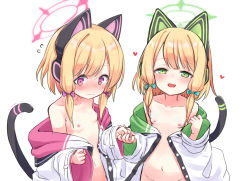  2girls animal_ear_headphones animal_ears blonde_hair blue_archive blush bow breasts cat_ear_headphones cat_ears cat_tail coat fake_animal_ears fake_tail female_focus green_eyes groin hair_bow halo headphones heart holding_hands loli looking_at_viewer midori_(blue_archive) momoi_(blue_archive) multiple_girls naked_coat navel nipples off_shoulder open_clothes open_coat open_mouth pink_eyes ribbon shokupan_(slvk12) short_hair siblings sisters small_breasts smile tail twins upper_body white_coat  rating:Questionable score:132 user:danbooru