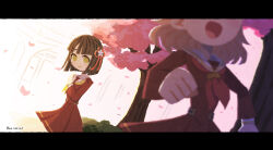  2girls alt_text black_hair blunt_bangs blunt_ends blurry blurry_foreground brown_dress cherry_blossoms closed_mouth commentary_request dress falling_petals flower green_eyes hair_flower hair_ornament hand_on_own_chest hasu_no_sora_school_uniform head_out_of_frame highres hinoshita_kaho letterboxed link!_like!_love_live! long_sleeves looking_at_another love_live! medium_dress medium_hair meidosan momose_ginko multiple_girls neckerchief open_mouth orange_hair outdoors petals pink_petals pleated_dress red_neckerchief running sailor_collar sailor_dress school_uniform short_hair smile twitter_username virtual_youtuber white_sailor_collar winter_uniform yellow_neckerchief 