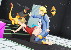  1girl 2boys all_fours ass black_thighhighs breasts breasts_out clemont_(pokemon) creatures_(company) cum cum_in_mouth cum_in_pussy electrocution feet fellatio game_freak gang_rape gen_6_pokemon group_sex heliolisk high_five irrumatio kneeling multiple_boys nintendo nipples oo_sebastian_oo oral panties pokemon pokemon_(creature) rape serena_(pokemon) sex sex_from_behind sideboob spitroast tears thighhighs torn_clothes torn_panties underwear vaginal  rating:Explicit score:85 user:SMR09
