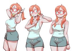  1girl alternate_hairstyle blue_eyes blush breasts cleavage closed_mouth colo_(nagrolaz) freckles glasses large_breasts looking_away low_twintails medium_hair red-framed_eyewear red_hair rita_(sweethex) shorts sweethex tank_top twintails  rating:Sensitive score:118 user:danbooru