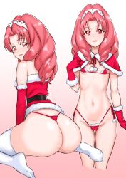 1girl akagi_towa ass bikini breasts capelet christmas gloves go!_princess_precure gradient_background highres kuppipi_ramutarou looking_at_viewer multiple_views navel pink_background precure red_bikini red_eyes red_gloves red_hair santa_costume sitting small_breasts swimsuit thighhighs wariza white_thighhighs rating:Questionable score:36 user:danbooru