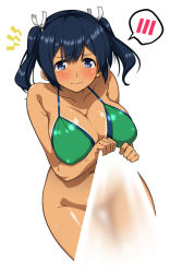 10s 1girl bare_shoulders bikini bikini_top_only blue_eyes blue_hair blush bottomless breasts cleavage collarbone covering_privates embarrassed female_focus green_bikini hair_ribbon hyouju_issei kantai_collection large_breasts long_hair looking_at_viewer matching_hair/eyes navel ribbon see-through simple_background solo souryuu_(kancolle) spoken_blush standing sweat swimsuit tan tanline tears towel twintails wavy_mouth white_background rating:Questionable score:28 user:Xander