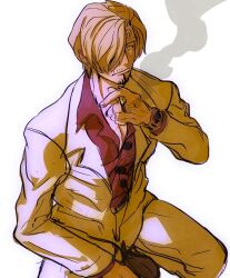  1boy belt blonde_hair blush cigarette closed_mouth collarbone commentary curly_eyebrows english_commentary facial_hair hair_over_one_eye highres holding holding_cigarette jacket long_sleeves looking_to_the_side male_focus one_piece pants pectorals red_shirt rita_ya sanji_(one_piece) shirt shoes short_hair smoke solo squatting unbuttoned unbuttoned_shirt white_jacket white_pants 