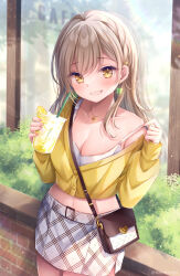  1girl bag bare_shoulders braid breasts brown_eyes brown_hair camisole cleavage collarbone commentary_request cropped_jacket cup day disposable_cup drinking_straw food four-leaf_clover_earrings fruit grin holding holding_cup ice ice_cube jacket jewelry lemon lemon_slice long_hair long_sleeves looking_at_viewer medium_breasts midriff nail_polish navel nemuri_nemu off_shoulder original outdoors pendant pink_nails puffy_long_sleeves puffy_sleeves shoulder_bag skirt sleeves_past_wrists smile solo white_camisole white_skirt yellow_jacket 