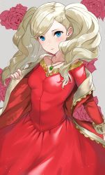  absurdres blonde_hair commission cosplay dress fire_emblem flower guinevere_(fire_emblem)_(cosplay) haru_(nakajou-28) highres jewelry looking_at_viewer necklace nintendo persona persona_5 red_dress rose skeb_commission solo takamaki_anne twintails  rating:Sensitive score:26 user:pronaccount690