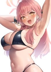 1girl ahoge armpits arms_up aru_(blue_archive) bikini black_bikini blue_archive blush breasts from_side halo halterneck highres horns large_breasts long_hair navel open_mouth pink_hair simple_background skindentation solo string_bikini sweat swimsuit upper_body usa_b v-shaped_eyebrows white_background yellow_eyes rating:Sensitive score:98 user:danbooru