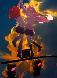  2girls :d backlighting black_socks bocchi_the_rock! commentary dancing from_side full_body gotoh_hitori highres holding_hands jacket kita_ikuyo long_hair long_sleeves multiple_girls open_mouth pink_hair pink_jacket pong_(pong_o0) red_hair road_sign sign smile socks standing standing_on_one_leg track_jacket traffic_light 