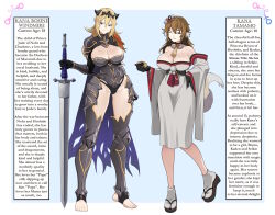  2girls absurdres aged_up animal_ears armor bare_shoulders black_armor black_gloves blonde_hair blue_background blue_eyes breasts brown_eyes brown_hair cape claymore_(sword) cleavage commentary cowlick crown crown_hair_ornament detached_collar detached_sleeves dragon_girl english_commentary english_text eudetenis fang female_focus fire_emblem fire_emblem_fates fox_ears fox_girl fox_tail genderswap genderswap_(mtf) geta gloves greatsword hair_ornament hair_ribbon highres japanese_clothes kana_(female)_(fire_emblem) kana_(fire_emblem) kana_(male)_(fire_emblem) kimono kitsune large_breasts leg_armor leotard long_hair medium_hair messy_hair multiple_girls nintendo obi panties pauldrons pointy_ears pom_pom_(clothes) pom_pom_hair_ornament ribbon sash seiza shield shoulder_armor sitting sword tabi tail thigh_gap thighs torn_cape torn_clothes transgender underwear weapon white_kimono white_tail  rating:Sensitive score:9 user:Wanderer2691