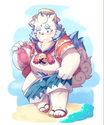  1boy absurdres agyo_(housamo) ball bara beachball bell blue_eyes blue_male_swimwear blue_swim_trunks blush brown_hat closed_mouth embarrassed full_body furry furry_male hat highres holding holding_ball looking_down male_focus male_pubic_hair male_swimwear nipples pectorals plump pubic_hair pubic_hair_peek pulling sandals solo swim_trunks toe_claws tokyo_houkago_summoners yed_(yedsilent) 