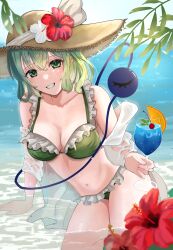  1girl :d absurdres adapted_costume arm_support bare_shoulders bikini blurry bow breasts cleavage cocktail cocktail_glass collarbone commentary_request crossed_bangs cup curvy dappled_sunlight day depth_of_field drinking_glass erisauria eyelashes feet_out_of_frame flower frilled_bikini frills green_bikini green_eyes green_hair grin hair_between_eyes hand_up happy hat hat_bow hat_flower hat_ribbon highres holding holding_cup komeiji_koishi large_breasts looking_at_viewer medium_hair midriff navel open_mouth outdoors red_flower ribbon see-through see-through_shirt shirt shirt_partially_removed sidelighting sitting smile solo sparkle straw_hat sunlight swimsuit third_eye touhou tsurime wading water wet wet_clothes white_bow white_flower white_ribbon white_shirt yokozuwari 