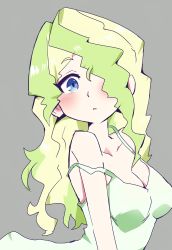  1girl absurdres blonde_hair blue_eyes blush breasts cleavage diana_cavendish dress female_focus hair_over_one_eye highres hys-d light_green_hair little_witch_academia long_hair looking_at_viewer multicolored_hair off_shoulder sleeveless solo strap_slip two-tone_hair upper_body yellow_dress  rating:Sensitive score:15 user:smrflt